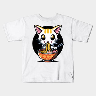 Cute cat eating ramen Kids T-Shirt